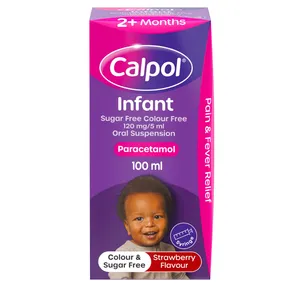Calpol Infant Sugar Free Colour Free Oral Suspension Medication, Strawberry Flavour, 100ml