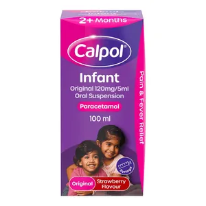 Calpol Infant Original Suspension, Paracetamol Medication, For 2+ Months, Strawberry Flavour, 100ml